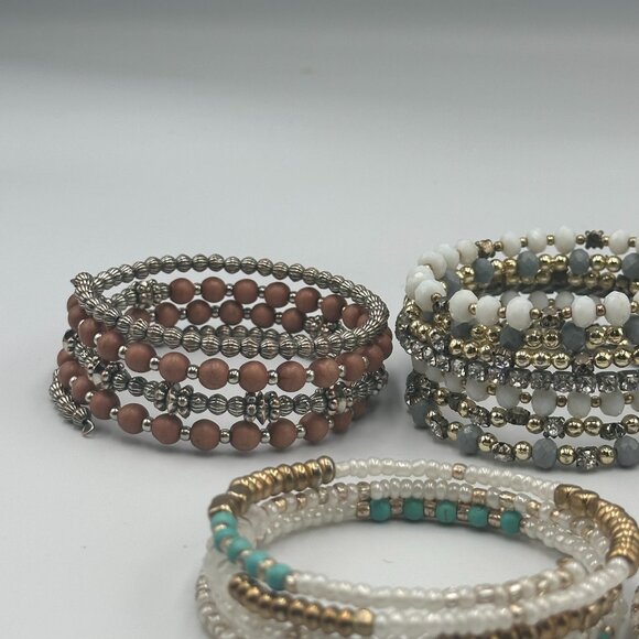 Lot of 6 Memory Wire Bracelets Beaded Neutral Metallic Mixed Stretch Boho - Picture 7 of 10